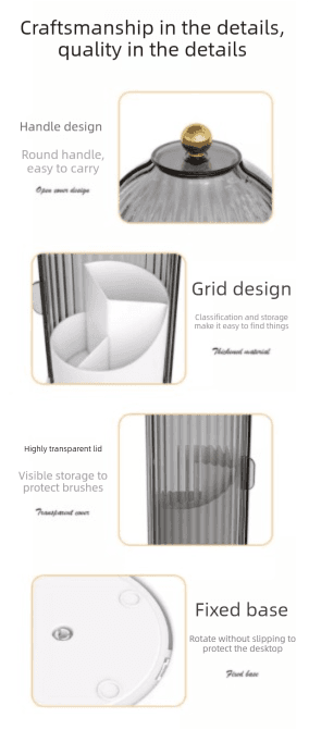 Makeup brush organizer details: round gold handle, grid design panels, fixed base