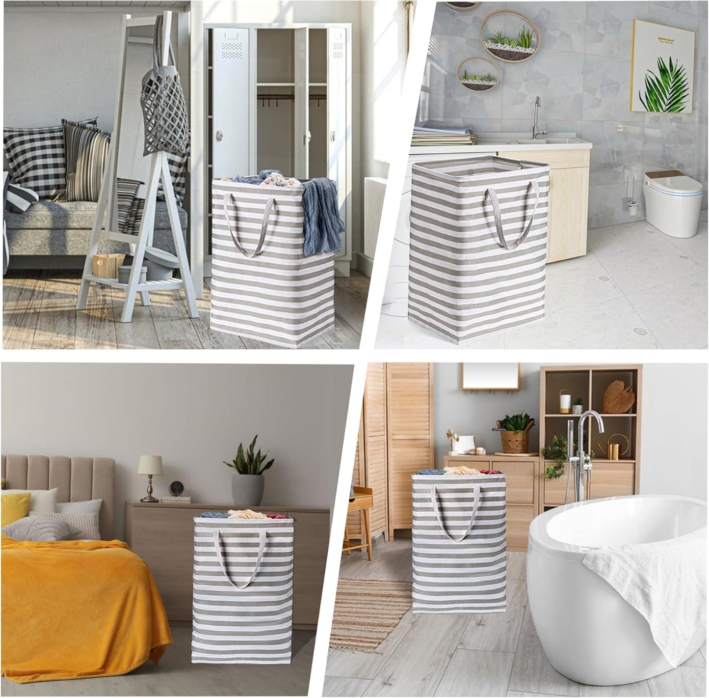 Striped large storage bag with side handles standing in a room for organizing