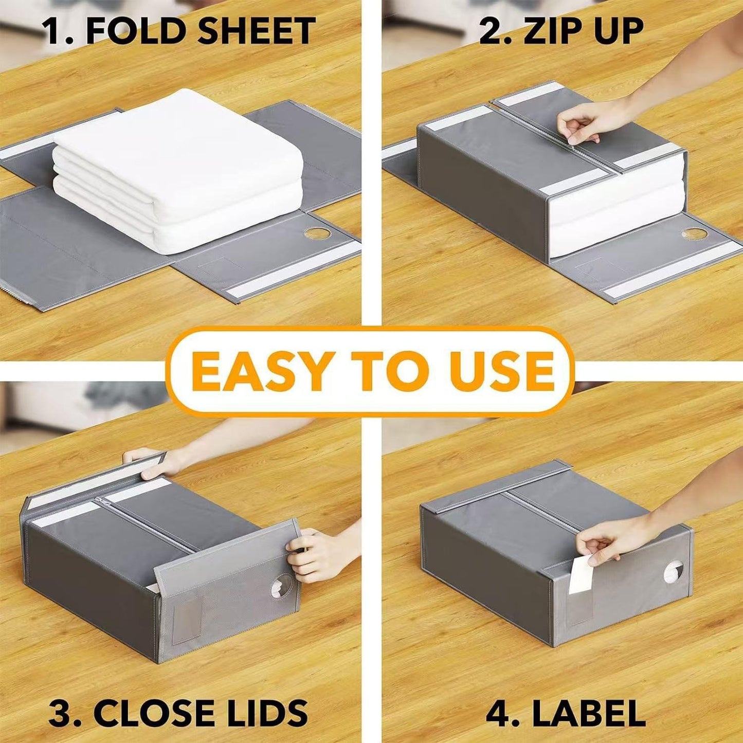 Gray foldable sheet organizer bin with zipper closure, flip lid, and side handle.