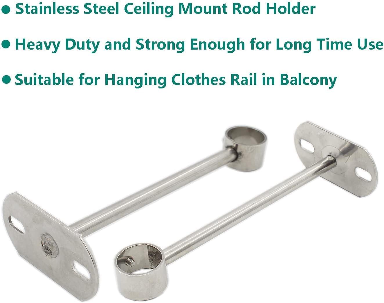 Stainless steel ceiling mount rod holder pair with two metal flanges for hanging rails