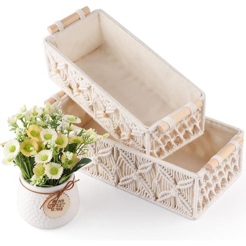 Cotton rope braided storage basket pair, cream, open rectangle with macrame edge