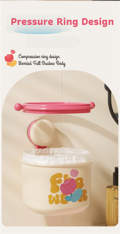 Cream suction trash bin with red pressure ring lid and floral paw print