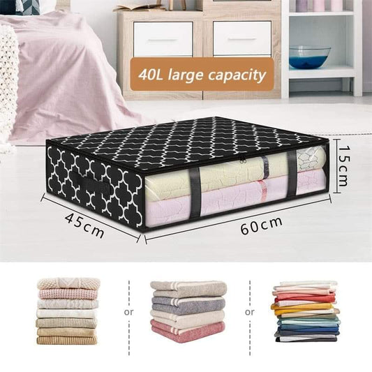 Black geometric under-bed storage box with clear window, holding folded clothes and linens.