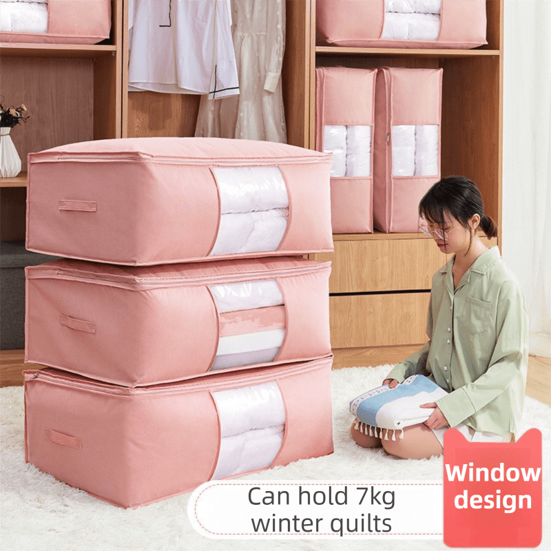 Dusty pink quilt storage bag pair with clear window panel and double zipper closure