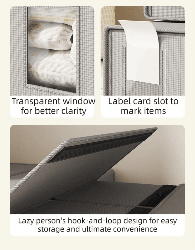 Grey foldable bedding storage box with zip, clear window and label slot