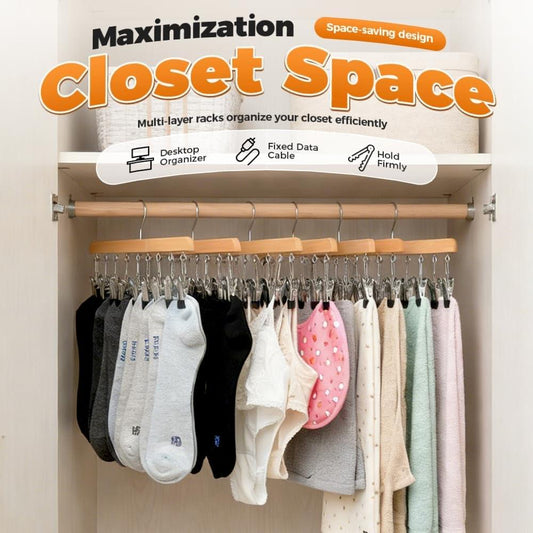 Wooden multi-clip hanger rack with several clips and metal hooks