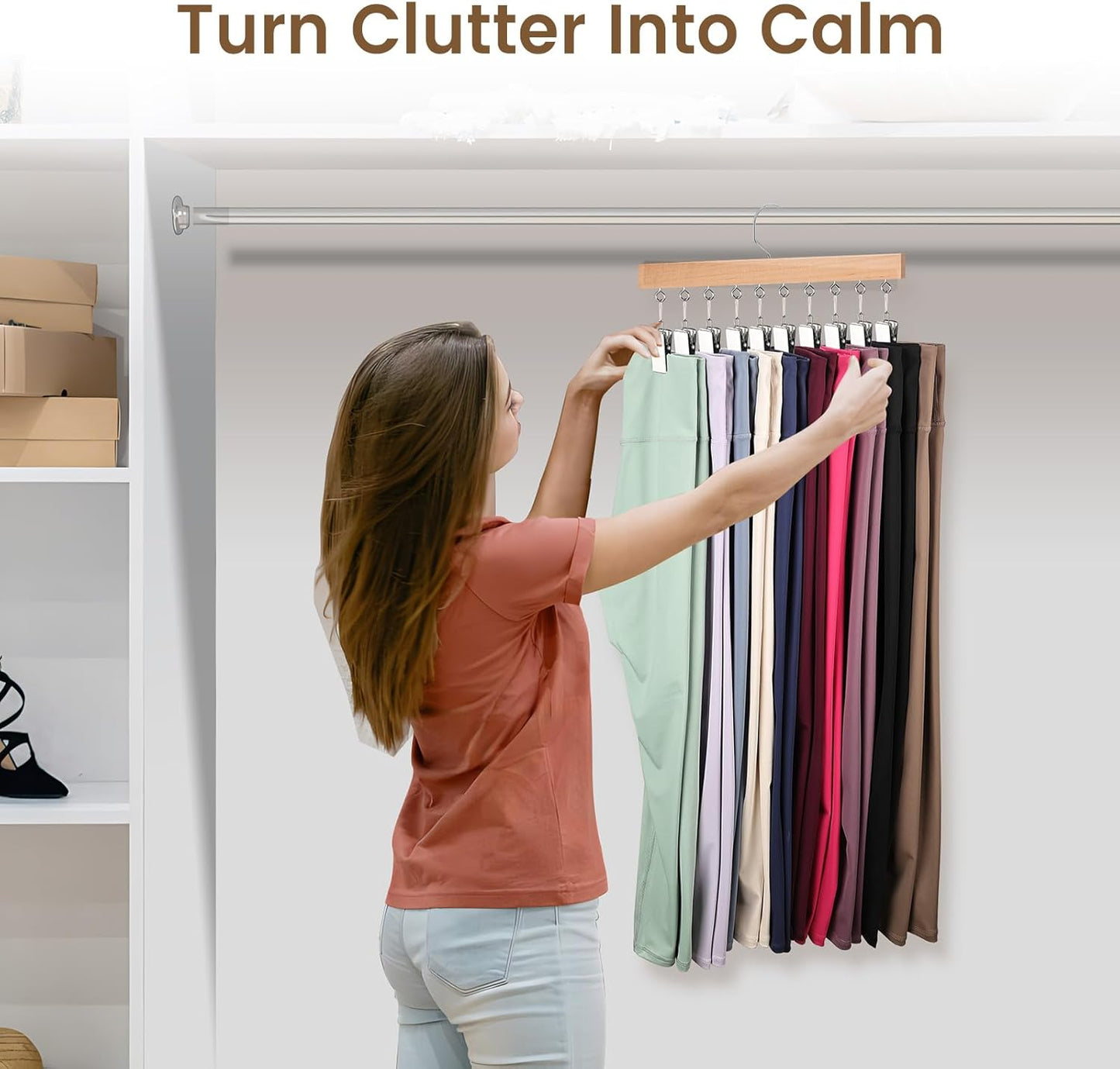 2 Pack Legging Hangers for Closet, Wooden Legging Hanger for Closet Organizer with 20 Upgraded Clips Holds 20 Leggings, 360° Rotatable Space Saving Yoga Pants Hanger for Socks, Shorts, Natural