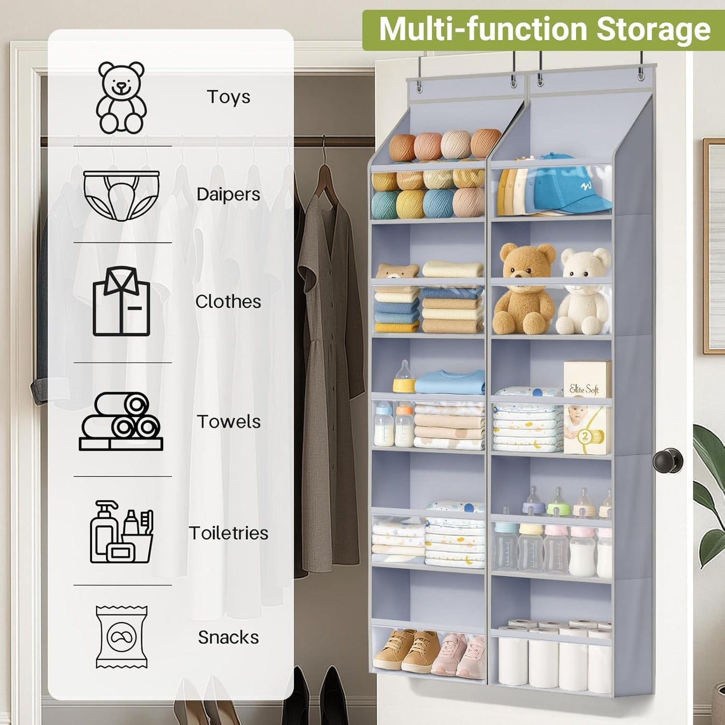 Grey over-the-door organizer with multiple shelves and clear pockets, toy and diaper storage