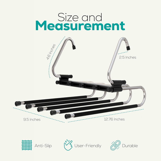 Pants hanger set with curved stainless hooks and black anti-slip grips, size view
