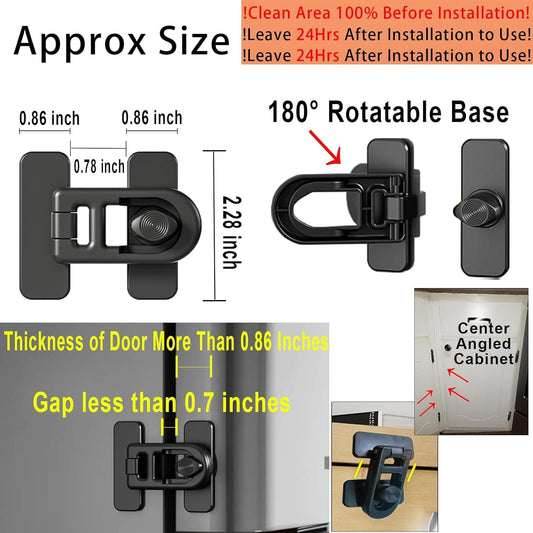 Black adhesive latch with 180-degree rotatable base and gap/fit guide