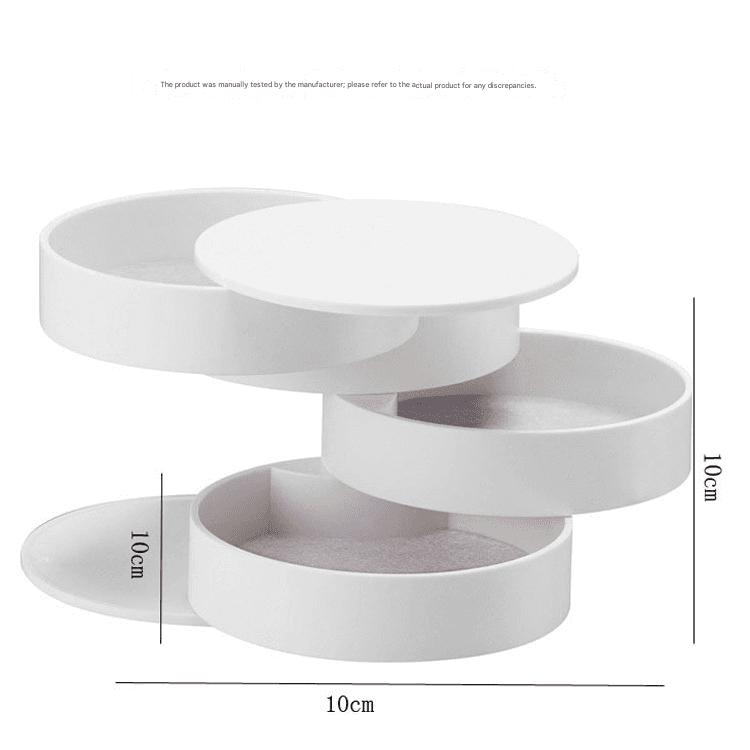 White rotating 4-layer jewelry organizer with open round lid and compartments