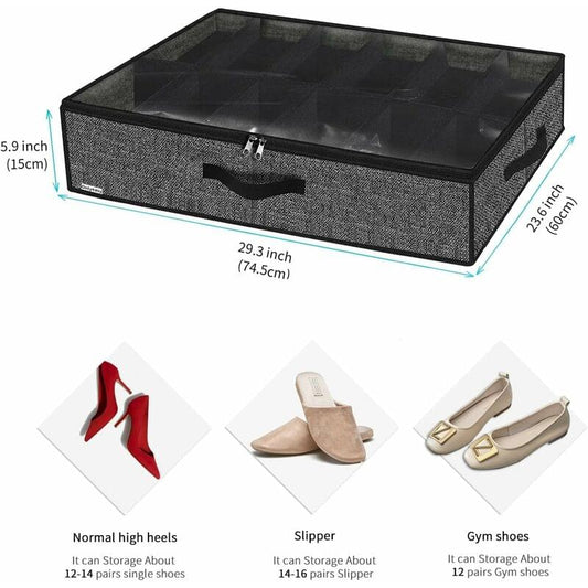 Black under-bed shoe storage organizer with clear top window, zipper and built-in handle