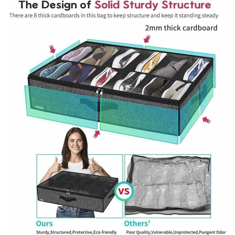 Black shoe storage organizer bag with clear window and thick cardboards for sturdy structure