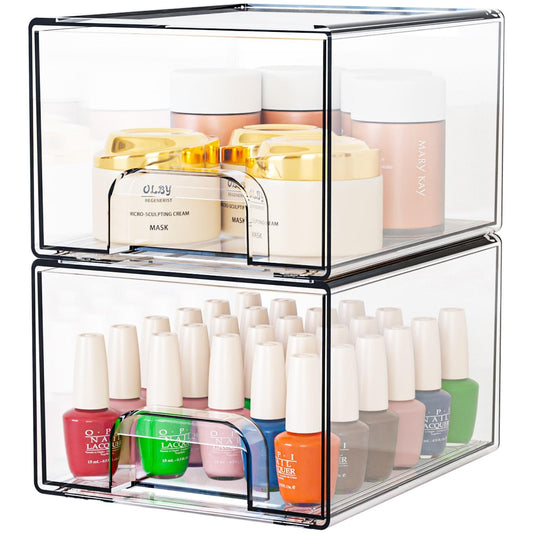Clear stackable organizer drawers with dust covers and pull-out handles, 2-pack