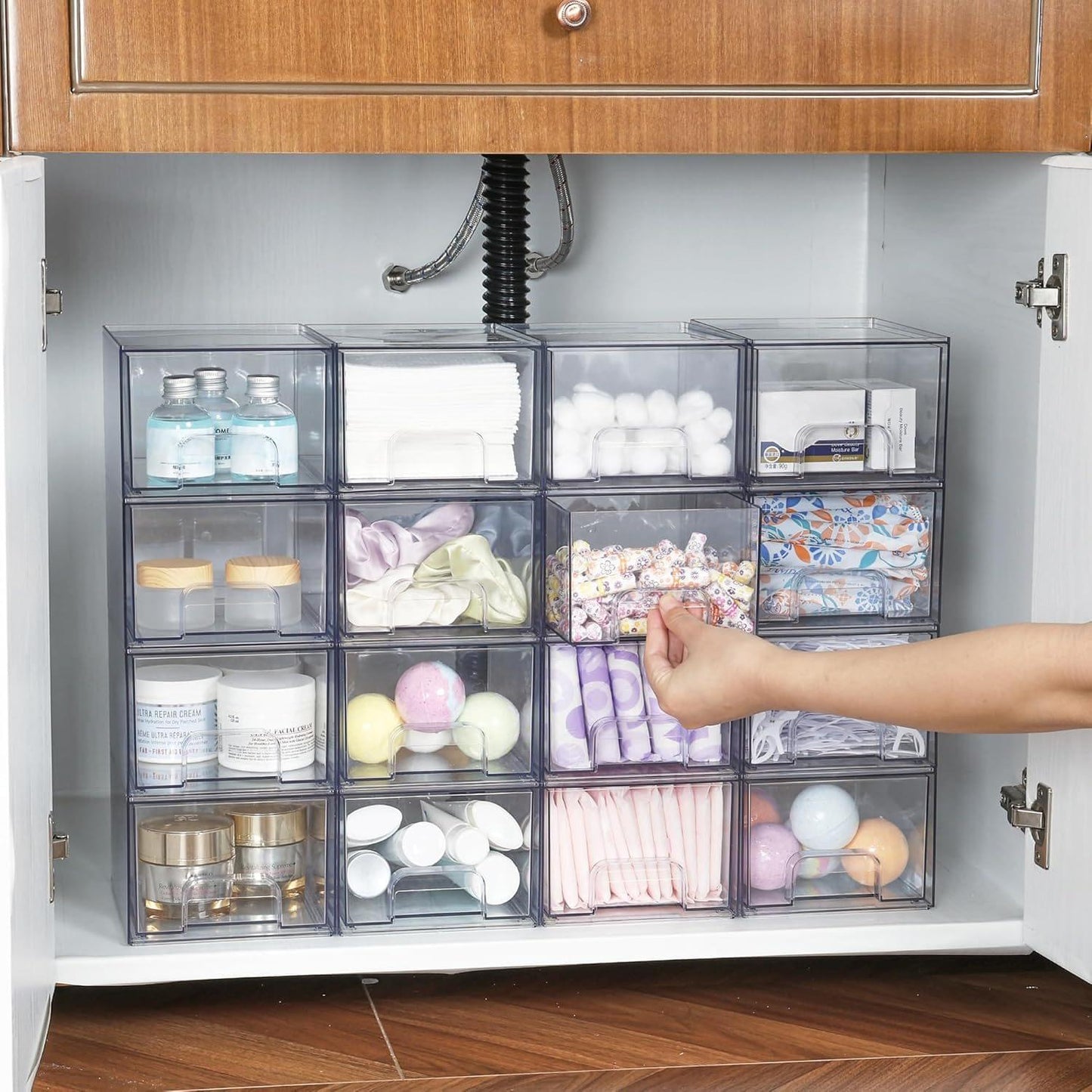 Clear stackable organizer drawer set with pull-out handles and dust covers
