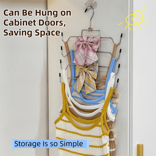 Vertical 4-tier bra organizer hanger mounted on a cabinet door, with side hooks