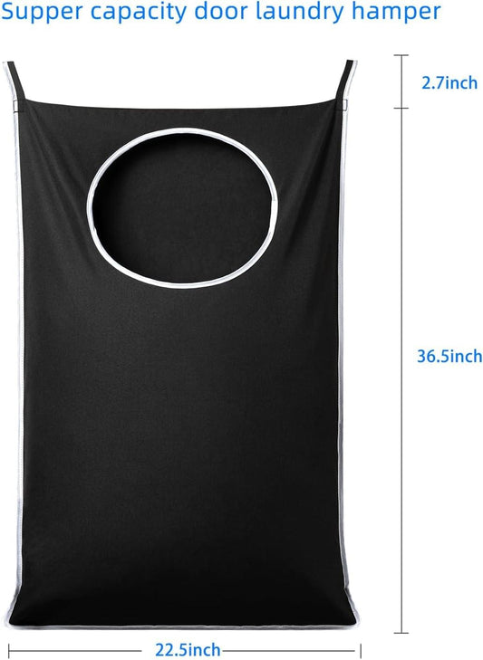 Black over-door laundry hamper bag with circular opening; 22.5 in wide and 36.5 in tall