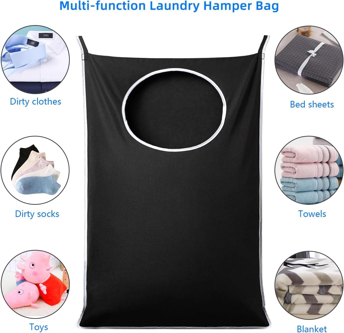 Black over-door laundry hamper bag with circular opening for sorting items