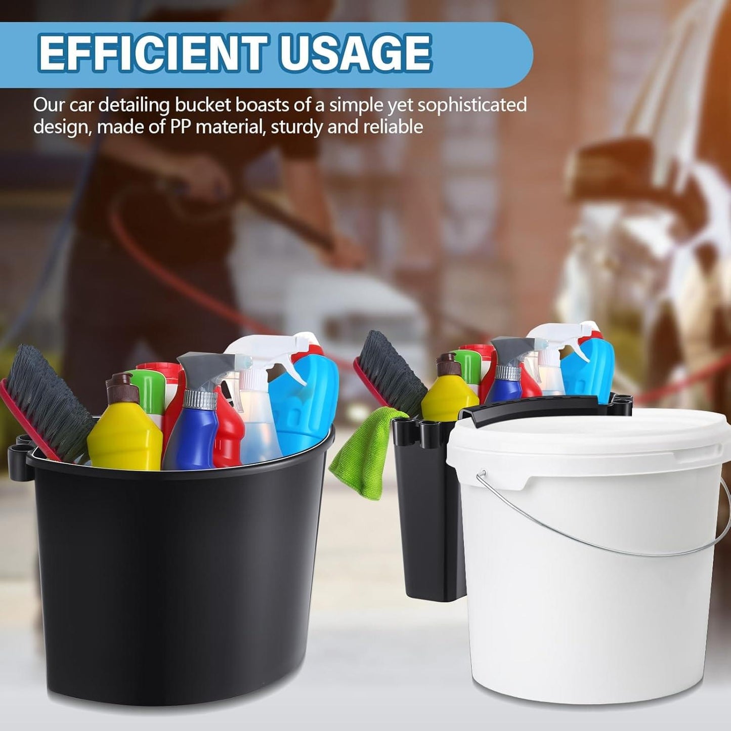 Two bucket caddies holding cleaning bottles and cloths, black and white