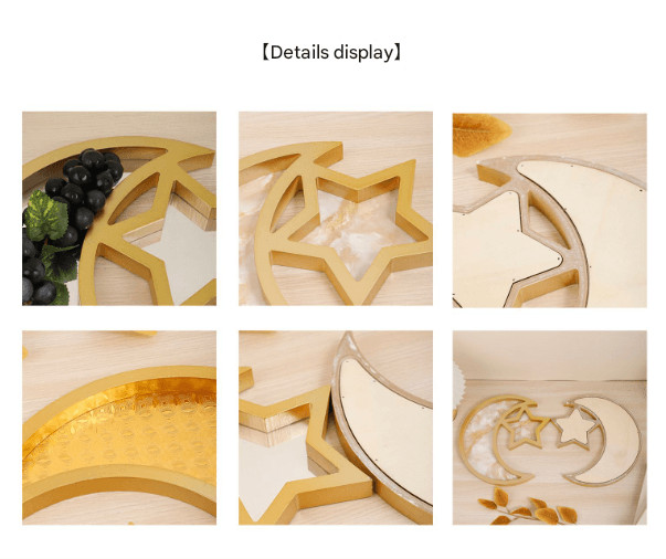Gold moon-and-star serving trays, set of two, showing cutout details