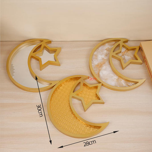 Gold moon-and-star serving trays, two-piece set with visible size measurements
