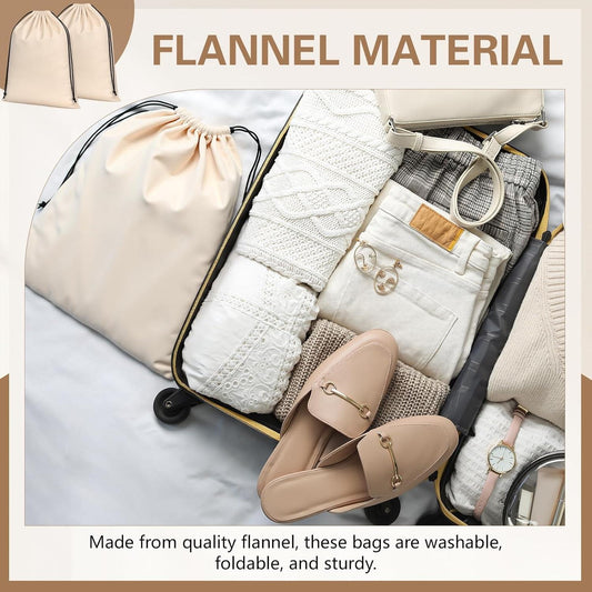 Beige drawstring shoe storage bags shown open with folded socks and shoes inside