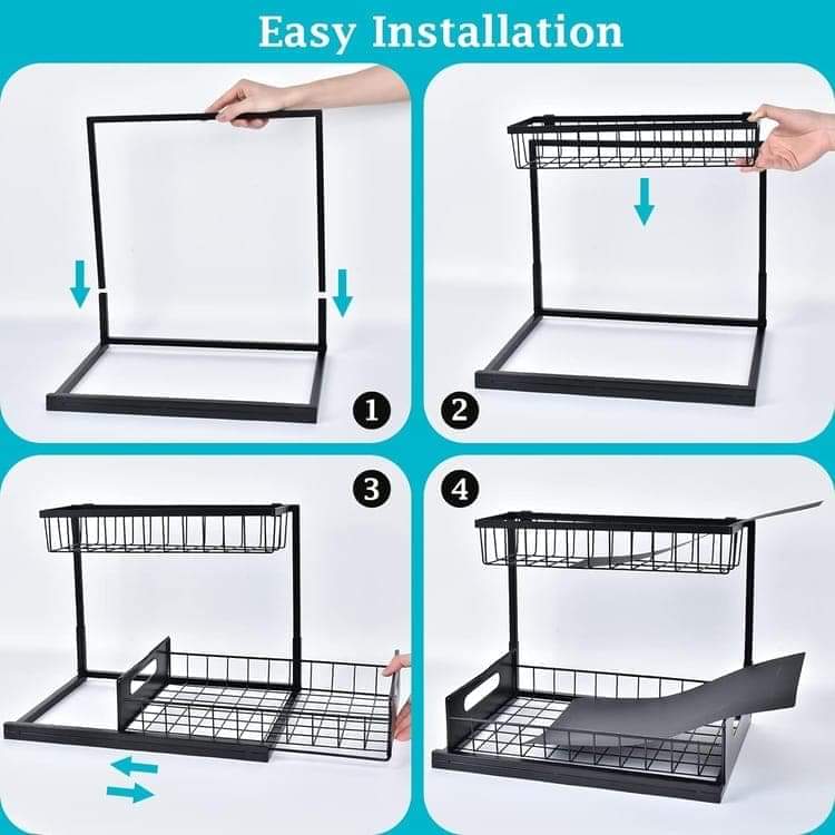 Black 2-tier storage rack shown during assembly with frame and wire shelves