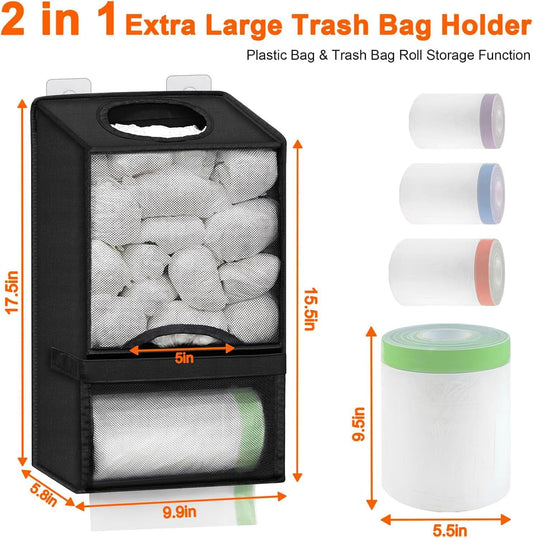 Black roll bag dispenser with handle, two compartments for trash bag roll and liner