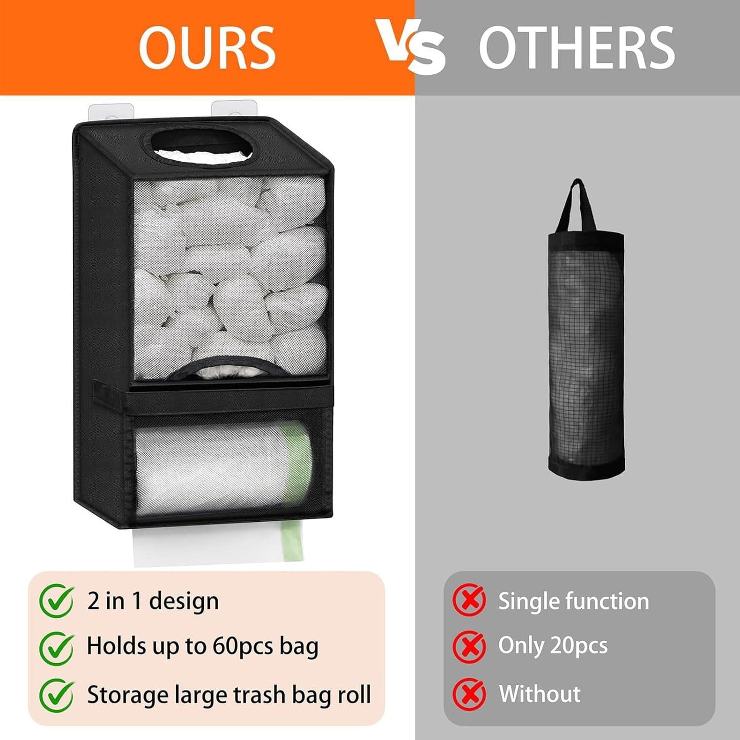Black 2-in-1 bag roll dispenser with top compartment and lower roll storage tray