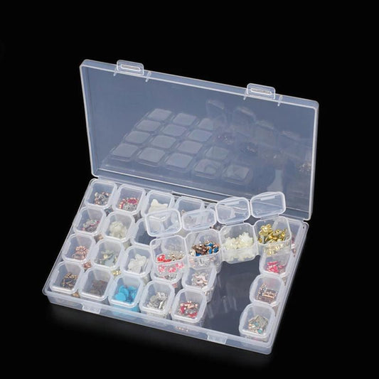 Transparent bead storage case with open lid showing small bead compartments