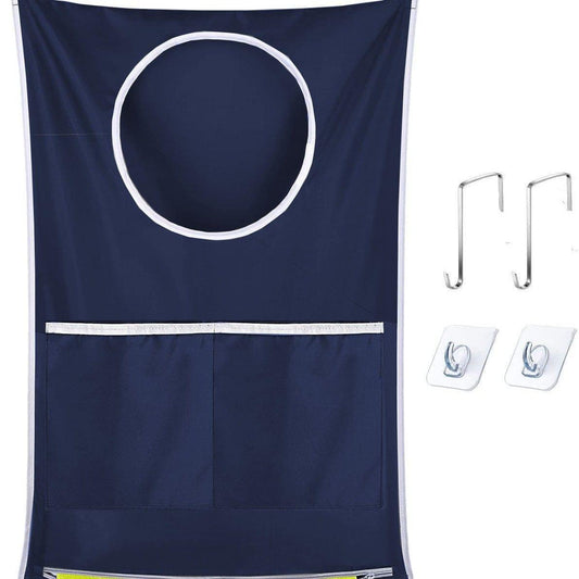 Navy hanging laundry hamper with top loop, front pocket, and included metal hooks