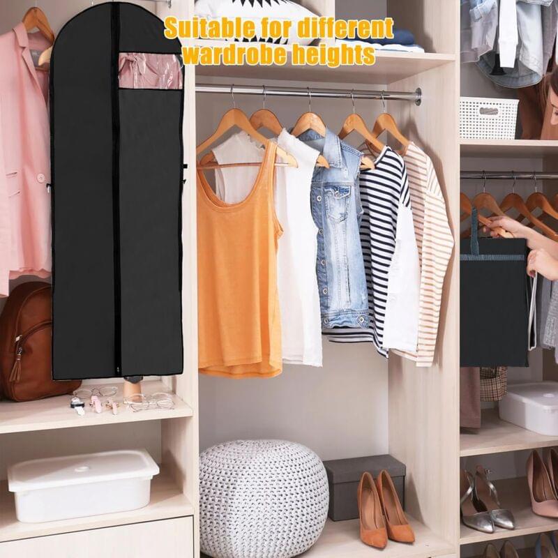 Pair of black garment covers hanging in closet for dustproof long garment storage