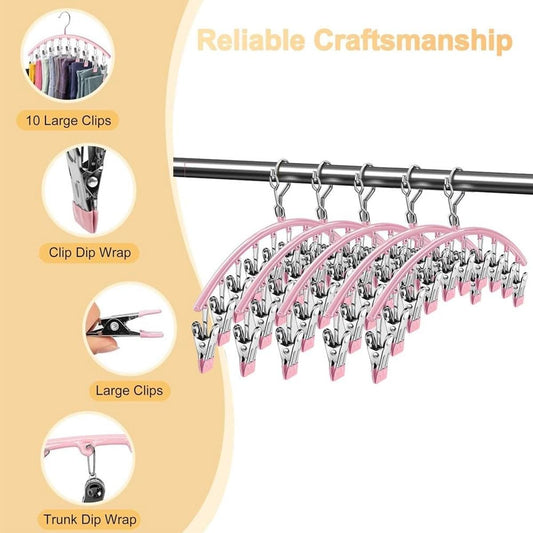 Pink curved clothes rack with metal clips and chain hangers for organizing socks