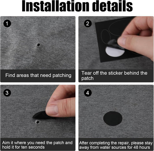 Round black self-adhesive repair patch on fabric, installation close-up