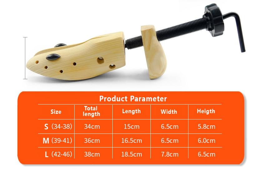 Wooden shoe stretcher product parameter chart with length, width, and height