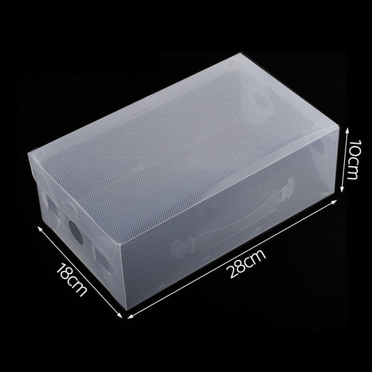 Clear foldable shoe storage box with hinged lid, stackable organizer case