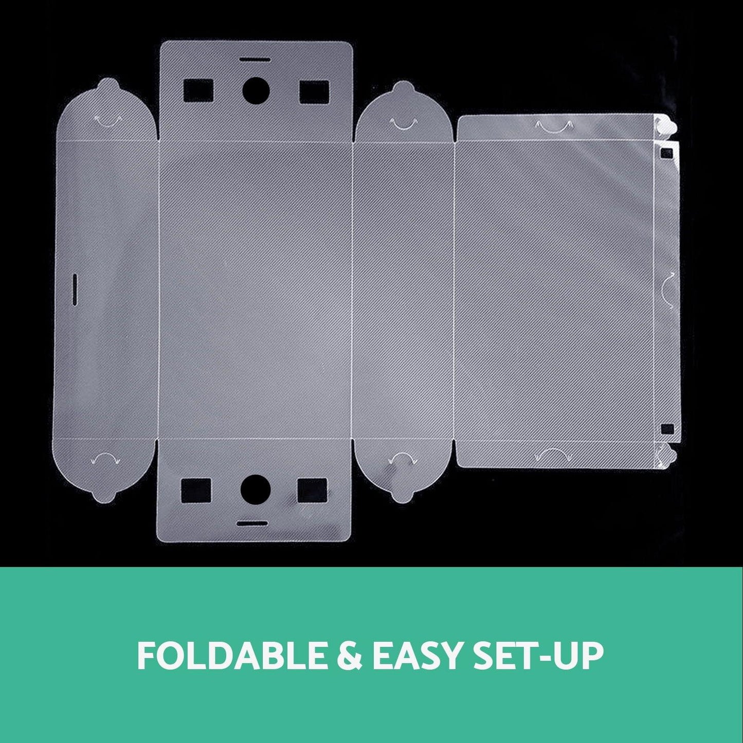 Foldable clear shoe storage box panels, snap-together set-up pieces