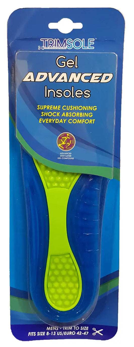 TRIMSOLE mens gel advanced insoles in blue package, green textured insert