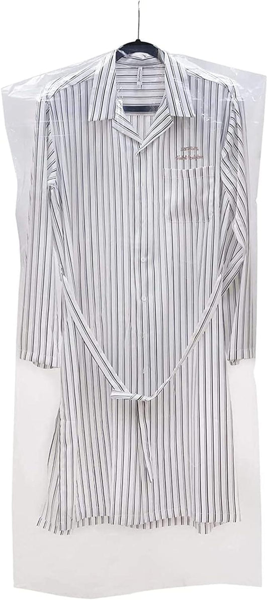 Clear garment bag covering a striped button-up shirt on a hanger