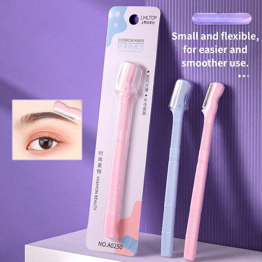 Pair of eyebrow razors with light blue and pink handles and protective caps