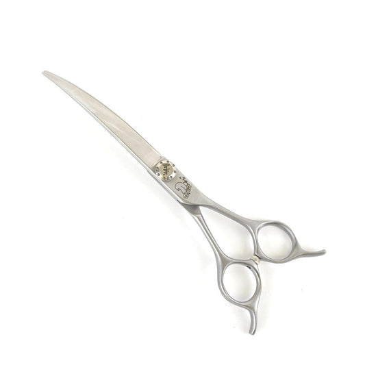 Curved hair cutting scissors, silver tone with engraved handle and finger rings