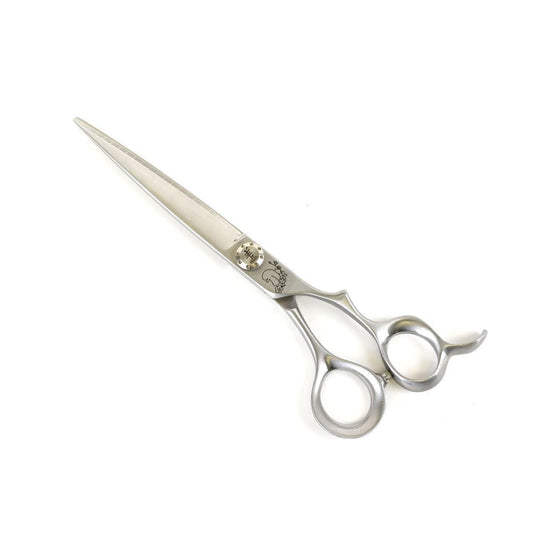 Straight hair cutting scissors, side view with two finger rings and tapered pointed blades