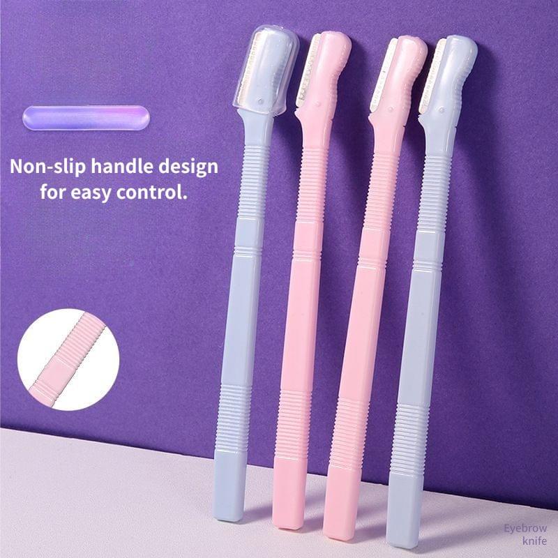 Eyebrow razors with ridged non-slip handles in light blue and pink