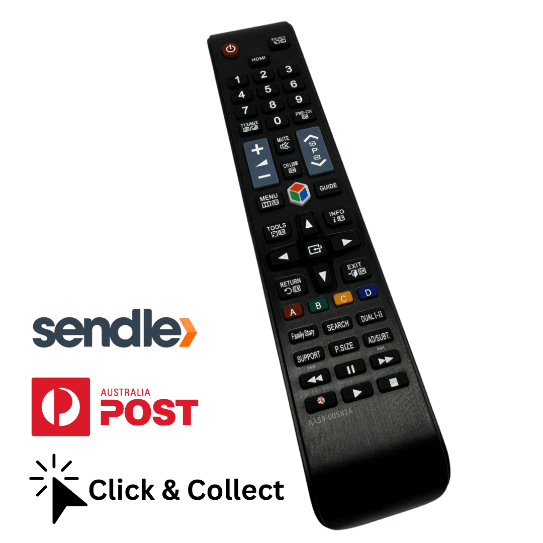 Samsung TV remote control, black with numeric keypad and function buttons