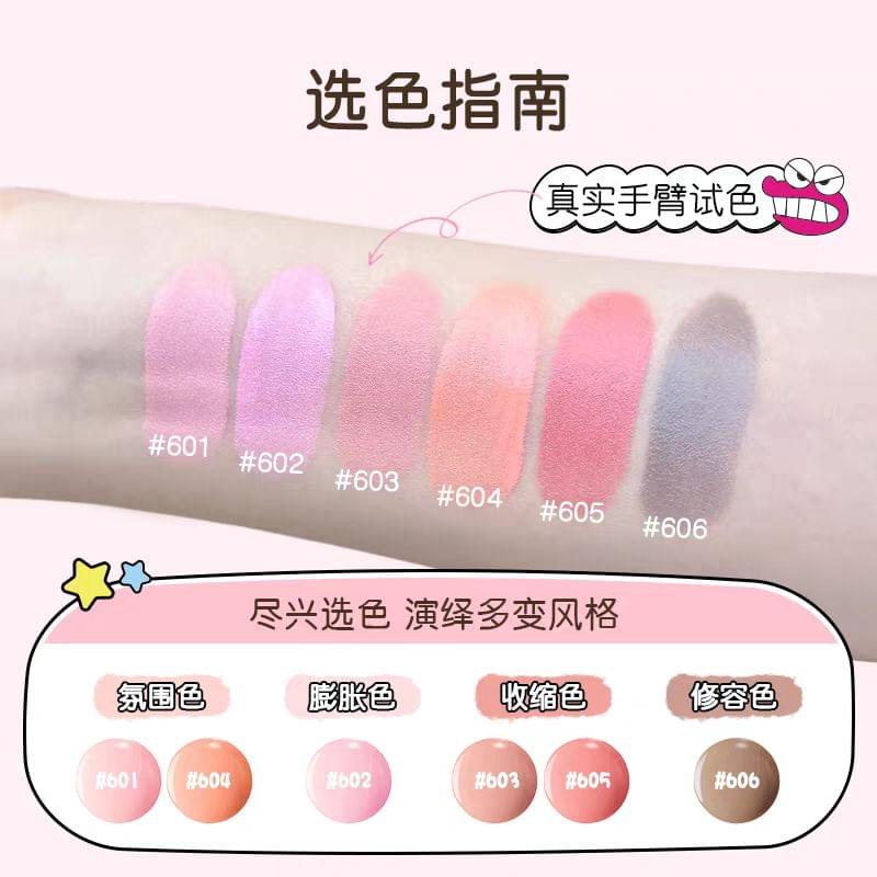 Hand swatches of blush shades from pink to mauve with dome applicator tint