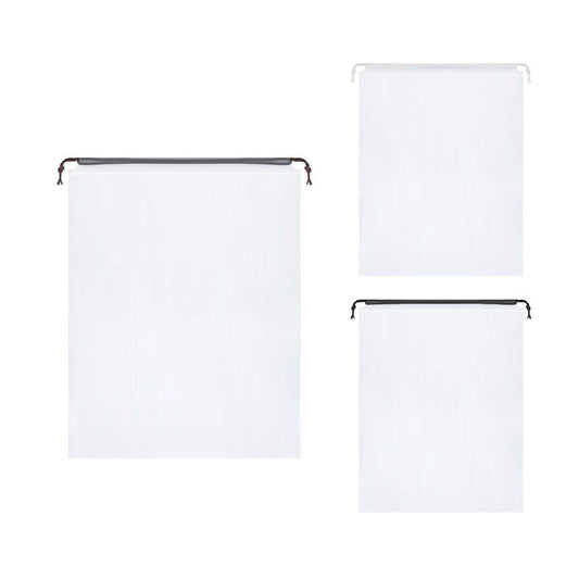 Pair of translucent shoe dust bags with drawstring closure and carry rope
