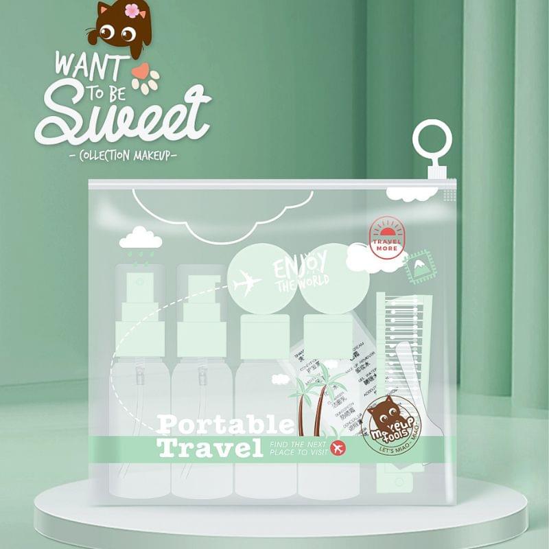 Refillable travel bottles set in clear zip pouch with 9 containers and mint flip caps
