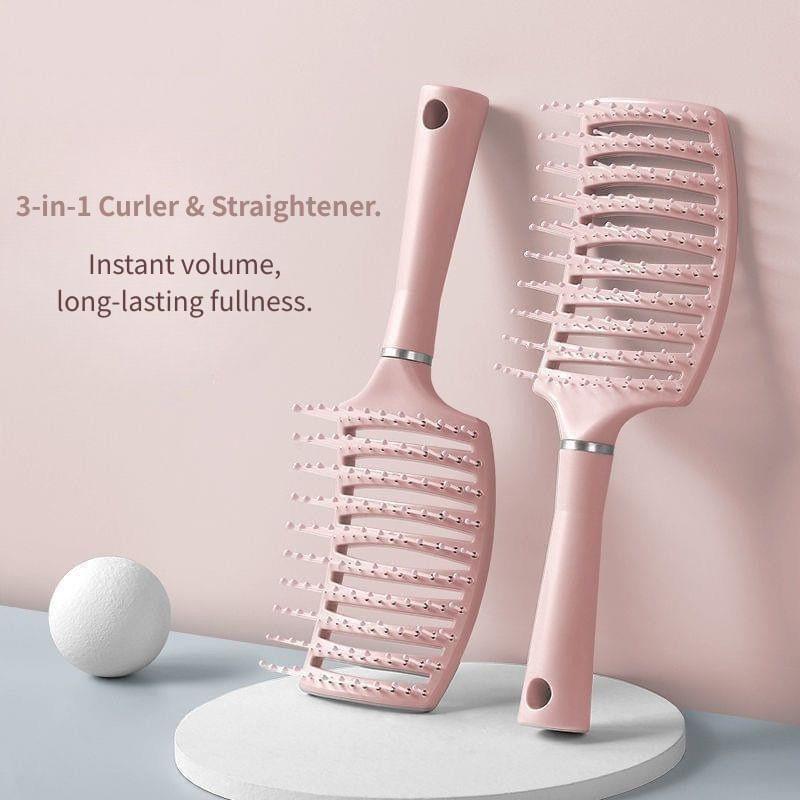 Set of two light pink hair brushes with curved comb pads and long handles
