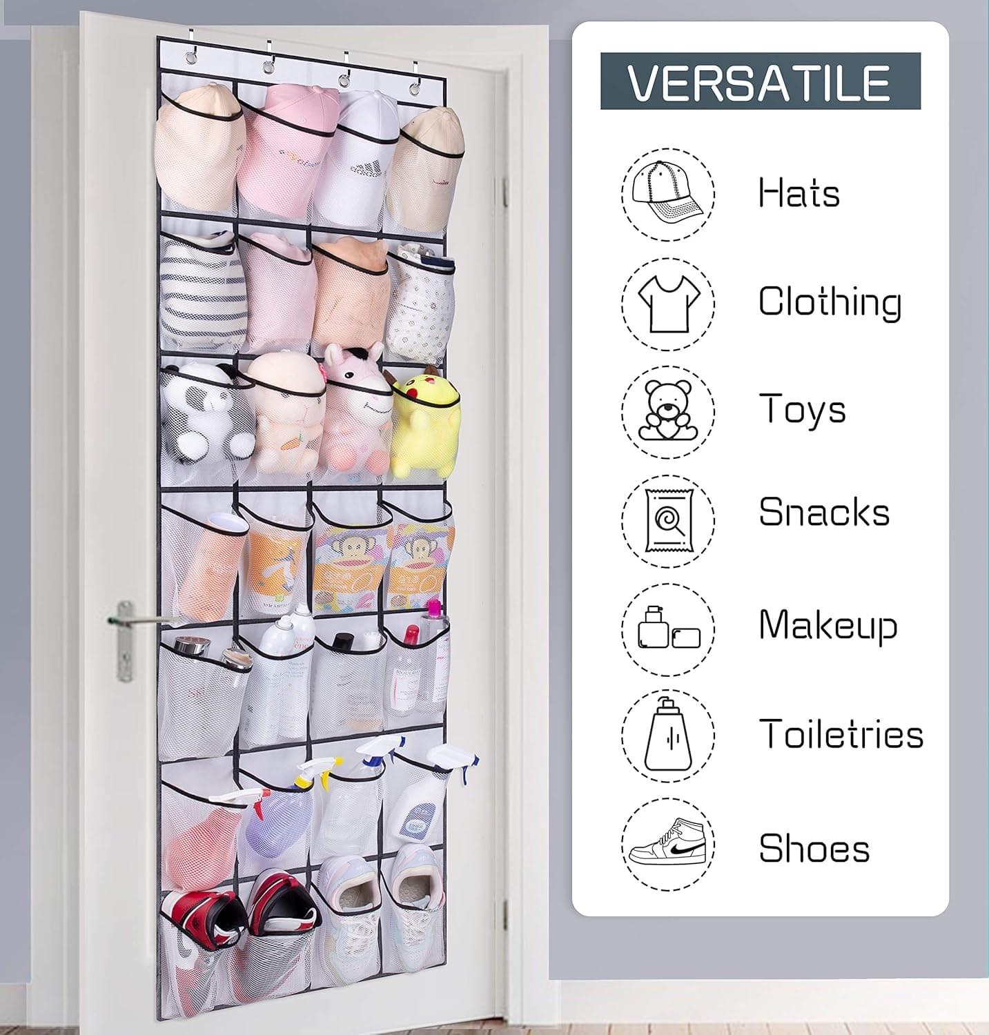 Hanging storage organizer with mesh pockets on an over-the-door bar
