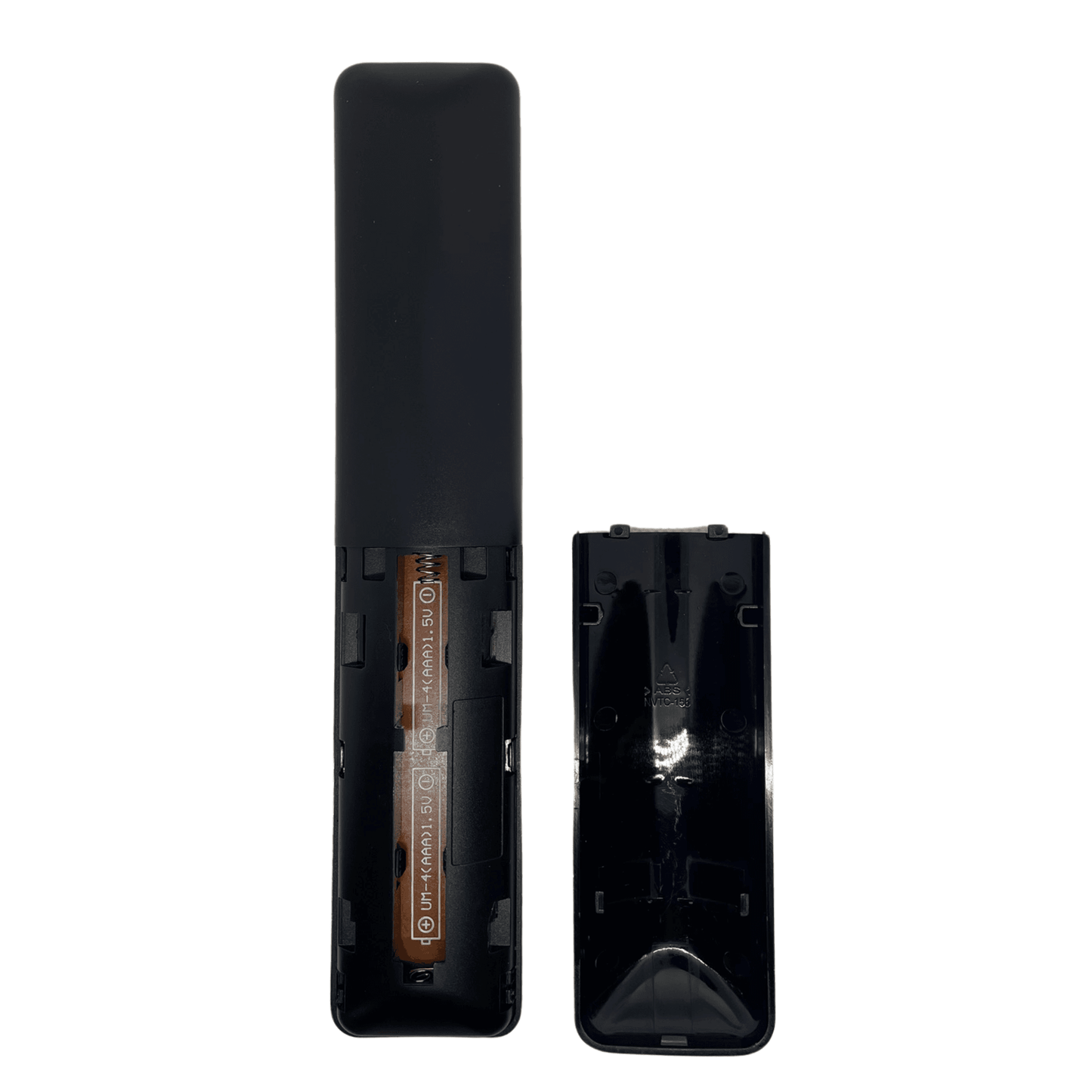 Black TV remote control with back cover open, showing battery compartment
